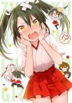  4girls anbutter_siruko background_text bandages basin chibi cowboy_shot dark_green_hair green_eyes hair_ribbon hakama hakama_skirt hands_on_own_face hiryuu_(kantai_collection) hug japanese_clothes kantai_collection long_hair minigirl multiple_girls red_hakama ribbon shoukaku_(kantai_collection) solo_focus souryuu_(kantai_collection) twintails white_ribbon zuikaku_(kantai_collection) 