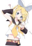  1girl ? belt black_sailor_collar blonde_hair blue_eyes blush hair_ornament hairband hairclip ixy kagamine_rin midriff navel open_mouth sailor_collar short_hair simple_background solo vocaloid white_background white_hairband yellow_belt 