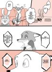  anthro bottomwear buckteeth canid canine clothed clothing comic dialogue disney duo edit english_text fox fully_clothed furniture hard_translated hi_res inside judy_hopps lagomorph leporid mammal meno necktie nick_wilde open_mouth open_smile pants rabbit red_fox shirt sitting smile sofa speech_bubble stu_hopps teeth text topwear translated zootopia 