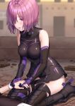  1girl armor armored_boots boots breasts fate/grand_order fate_(series) gauntlets hair_over_one_eye high_heel_boots high_heels highres holding_hands kneeling kuroki_(ma-na-tu) large_breasts mash_kyrielight purple_eyes purple_hair short_hair solo solo_focus tears 