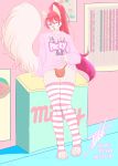  absurd_res artemis_tsukino bulge candy_shop clothing detailed_background domestic_cat exhibitionism felid feline felis fishnet fluffy fluffy_tail food fur girly hair haruhixros hi_res legwear long_hair long_tail male mammal naughty_face one_eye_closed open_mouth panties paws pink_eyes pink_hair pink_nose pocky ponytail poster stockings sweater teasing topwear underwear white_body white_fur 