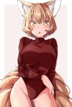  1girl :o absurdres animal_ear_fluff animal_ears arm_at_side ass_visible_through_thighs bangs blonde_hair blush breasts commentary_request contrapposto cowboy_shot eyebrows_visible_through_hair fang fingernails fox_ears fox_tail gokuu_(acoloredpencil) groin hair_between_eyes hand_on_hip highleg highleg_leotard highres impossible_clothes impossible_leotard impossible_sweater large_breasts legs_apart leotard long_fingernails long_sleeves looking_at_viewer medium_breasts meme_attire multiple_tails open_mouth red_leotard red_sweater ribbed_leotard short_hair slit_pupils solo standing striped_leotard sweater tail touhou turtleneck turtleneck_leotard turtleneck_sweater upper_teeth yakumo_ran yellow_eyes 
