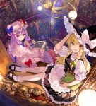  2girls :d apron black_headwear black_skirt blonde_hair blue_bow book bookshelf bow ceiling_light chair closed_mouth commentary_request crescent dress expressionless frilled_dress frilled_shirt frilled_skirt frills fuji_choko hand_up hat holding holding_book kirisame_marisa library long_hair looking_at_viewer mary_janes mob_cap multiple_girls open_book open_mouth patchouli_knowledge purple_eyes purple_hair shirt shoes sitting skirt smile socks table touhou waist_apron white_dress white_legwear white_shirt witch_hat yellow_eyes 