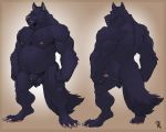  2018 4_toes 5:4 animal_genitalia anthro back_muscles backsack badcoyote ball_tuft balls belly biceps biped black_body black_fur blue_eyes butt canid canine canis claws digital_media_(artwork) fangs front_view fur lubes male mammal musclegut muscular muscular_male nipples nude pecs penis penis_tip quads rear_view sheath slightly_chubby solo standing teeth toe_claws toes triceps tuft wolf 