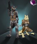  absurd_res anthro armor breasts canid canine canis clothed clothing domestic_dog duo exo exo_suit female fully_clothed german german_shepherd gun headgear helmet herding_dog heterochromia hi_res holding_gun holding_object holding_weapon looking_at_viewer machine mammal natasha_klopov pastoral_dog pheonixbat ranged_weapon rifle simple_background suit weapon 