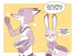  anthro blueberry_(fruit) bottomwear canid canine clothed clothing comic dialogue disney duo edit english_text food fox fruit fully_clothed hard_translated holding_food holding_object judy_hopps lagomorph leporid mammal meno necktie nick_wilde pants plant rabbit red_fox shirt simple_background smile speech_bubble text topwear translated yellow_background zootopia 