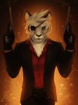  2017 anthro clothed clothing digital_media_(artwork) felid fur hi_res holding_gun holding_object holding_weapon leucistic looking_at_viewer lynncore male mammal pantherine solo tiger weapon white_body white_fur 