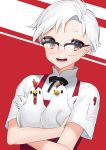  1boy animal bird black-framed_eyewear black_bow bow chicken crossed_arms grey_eyes highres holding holding_animal looking_at_viewer male_focus mizuki_eiru_(akagi_kurage) original pen pocket red_background short_sleeves simple_background solo upper_body white_hair 