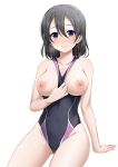  1girl ass_visible_through_thighs bangs black_hair black_swimsuit blush breasts breasts_outside closed_mouth collarbone competition_swimsuit covered_navel eyebrows_visible_through_hair hair_between_eyes highleg highleg_swimsuit large_breasts lips looking_at_viewer love_live! love_live!_sunshine!! miel_(lessontome) nipples one-piece_swimsuit purple_eyes short_hair simple_background sitting smile solo swimsuit watanabe_tsuki wet white_background 