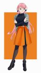  1girl akashi_(kantai_collection) alternate_costume bangs black_legwear black_shirt casual eyebrows_visible_through_hair full_body green_eyes hair_ribbon highres kantai_collection long_hair long_sleeves ojipon orange_skirt pantyhose pink_hair ribbon shawl shirt skirt smile solo standing tress_ribbon 