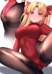  1girl adjusting_clothes adjusting_leotard ass bangs black_legwear blonde_hair blush breasts earrings ereshkigal_(fate/grand_order) eyebrows_visible_through_hair fate/grand_order fate_(series) hair_ribbon highres jewelry leotard long_hair looking_at_viewer medium_breasts pantyhose parted_bangs red_eyes red_leotard red_ribbon ribbed_sweater ribbon saruei sidelocks simple_background sitting spread_legs sweater thighband_pantyhose turtleneck_leotard two_side_up white_background 