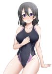 1girl ass_visible_through_thighs bangs black_hair black_swimsuit blush breasts closed_mouth collarbone competition_swimsuit covered_navel covered_nipples eyebrows_visible_through_hair hair_between_eyes highleg highleg_swimsuit large_breasts lips looking_at_viewer love_live! love_live!_sunshine!! miel_(lessontome) one-piece_swimsuit purple_eyes short_hair simple_background sitting smile solo swimsuit watanabe_tsuki wet white_background 