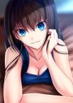  1girl akeyama_kitsune aozaki_aoko arm_support blue_eyes blurry breasts brown_hair chin_rest cleavage collarbone depth_of_field downblouse hair_between_eyes hand_on_own_chin large_breasts looking_at_viewer lying mahou_tsukai_no_yoru on_side smile solo 