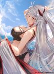  1girl :q antenna_hair ass azur_lane b_b_b_b66 bangs bare_shoulders bikini black_bikini blue_sky blush breasts brown_eyes cloud day eyebrows_visible_through_hair floating_hair hair_between_eyes large_breasts long_hair looking_at_viewer multicolored_hair ocean outdoors patreon_username prinz_eugen_(azur_lane) red_hair silver_hair sky smile solo streaked_hair swimsuit tongue tongue_out two_side_up very_long_hair 