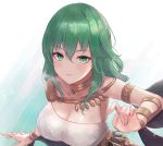  1girl alternate_costume armlet asymmetrical_clothes bare_shoulders blue_background blue_eyes bracer breasts byleth_(fire_emblem) byleth_(fire_emblem)_(female) cleavage collarbone commentary fire_emblem fire_emblem:_three_houses gradient gradient_background green_eyes green_hair jewelry large_breasts leonmandala long_hair looking_at_viewer neck_ring parted_lips shawl smile solo sparkle upper_body 