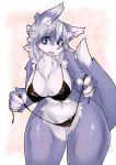  5_fingers anthro big_breasts blue_eyes blush breasts canid canine canis chest_tuft clothing female fingers fluffy fluffy_tail fur hair kemono mammal natural_breasts open_mouth open_smile purple_body purple_fur sakamata_orca simple_background smile snout standing tuft undressing white_hair wolf 