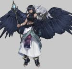  1girl ayanolity bird bird_on_hand black_footwear black_hair black_wings bracelet braid claws dark_skin earrings falconry feathered_wings grey_background highres holding holding_staff jewelry long_hair looking_at_viewer midriff navel original owl red_eyes simple_background sleeveless solo staff wings 
