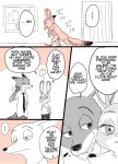  ... anthro bottomwear canid canine carrying clothed clothing comic dialogue disney duo edit english_text fox fully_clothed hard_translated hi_res judy_hopps mammal meno necktie nick_wilde pants red_fox shirt speech_bubble t-shirt text topwear translated zootopia 