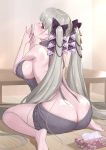  1girl ass azur_lane backless_dress backless_outfit bangs bare_back bare_shoulders barefoot black_nails blush breasts butt_crack crystal_shoujo dress eyebrows_visible_through_hair fingers_together formidable_(azur_lane) from_behind grey_hair hair_ribbon halterneck highres large_breasts long_hair looking_at_viewer looking_back meme_attire naked_sweater red_eyes ribbed_sweater ribbon sideboob sitting solo sweater sweater_dress turtleneck turtleneck_sweater twintails two-tone_ribbon very_long_hair virgin_killer_sweater wariza 