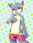  anthro blush boxers_(clothing) bulge canid canine canis clothed clothing cub domestic_dog fur grey_body grey_fur hi_res kemono male mammal navel open_mouth raizinndx red_eyes solo topless underwear underwear_pull white_body white_fur young 