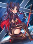 1girl ass bangs black_bodysuit black_hair black_ribbon blue_eyes blush bodysuit breasts commentary_request fate/grand_order fate_(series) hair_ribbon highres horns kaiyi katana multicolored_hair one_knee open_mouth parted_bangs red_hair ribbon skin_tight small_breasts solo space_ishtar_(fate) sword torn_bodysuit torn_clothes two-tone_hair two_side_up weapon 