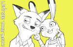  anthro buckteeth canid canine clothed clothing dipstick_ears disney duo english_text fox judy_hopps lagomorph leporid mammal meno multicolored_ears necktie nick_wilde open_mouth open_smile police_uniform rabbit red_fox shirt smile teeth text topwear uniform zootopia 