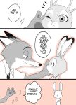  anthro canid canine clothed clothing comic dialogue dipstick_ears disney duo edit english_text fox gesture hard_translated hi_res judy_hopps lagomorph leporid looking_at_another mammal meno multicolored_ears necktie nick_wilde pawpads rabbit red_fox shirt speech_bubble t-shirt text topwear translated waving zootopia 