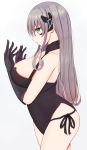  1girl absurdres ass bare_shoulders black_gloves breasts earpiece facial_mark gager_(girls_frontline) girls_frontline gloves green_eyes grey_hair highres large_breasts leotard long_hair looking_at_viewer open_mouth pao_mian+dan sangvis_ferri solo 