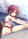  absurdres aqua_eyes blush cura day highres leg_hold long_hair maitetsu migita_hibiki navel nipple_slip nipples official_art panties panty_peek ponytail red_hair shoes sneakers spread_legs stretch sweat track_suit underwear wristband 