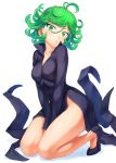  1girl :o absurdres ahoge bangs bare_legs between_legs black_dress black_footwear blush breasts collarbone collared_dress curly_hair dress eyelashes fanbox_reward flats flipped_hair full_body green_eyes green_hair hair_between_eyes hand_between_legs head_tilt highres kneeling legs long_sleeves looking_at_viewer medium_breasts mogudan no_panties one-punch_man open_mouth paid_reward short_hair simple_background solo tatsumaki thighs v_arms white_background wing_collar 