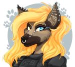  anthro armor canid canine canis clothed clothing digital_media_(artwork) domestic_dog female fully_clothed german german_shepherd glowing glowing_eyes hair herding_dog heterochromia looking_at_viewer mammal natasha_klopov pastoral_dog simple_background smile solo 