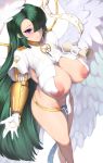  1girl blush breasts dantes_ward feathered_wings green_hair hair_over_one_eye inverted_nipples large_breasts last_origin long_hair nipples purple_eyes revealing_clothes scroll smile solo wings 