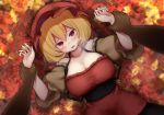  1girl absurdres aki_minoriko autumn_leaves bangs bare_shoulders black_sash blonde_hair blush breasts cleavage collarbone commentary_request detached_sleeves dress eyebrows_visible_through_hair grabbing hair_between_eyes halterneck hands_up hat highres huge_filesize kushidama_minaka large_breasts looking_at_viewer lying mob_cap on_back open_mouth pov puffy_short_sleeves puffy_sleeves red_dress red_eyes red_headwear sash short_hair short_sleeves solo_focus touhou upper_body 