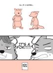  bodily_fluids bottomwear canid canine clothed clothing comic disney edit english_text fox fully_clothed gideon_grey hard_translated hi_res mammal meno nick_wilde pants red_fox shirt sweat sweatdrop text topwear translated zootopia 