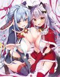  2girls :d ahoge animal_ears asymmetrical_docking bangs bell belt blue_capelet blue_gloves blue_hair blue_skirt blush boots bow breast_press breasts brown_footwear buckle capelet cat_ears cat_tail cherry_hair_ornament christmas cleavage elbow_gloves food_themed_hair_ornament fur-trimmed_footwear fur-trimmed_gloves fur_trim gloves hair_bow hair_ornament hat holding_hands jingle_bell kneeling komiya_hitoma large_breasts long_hair looking_at_viewer mini_hat miniskirt mole mole_on_breast multiple_girls navel open_mouth original purple_hair red_capelet red_footwear red_skirt revealing_clothes santa_costume santa_gloves santa_hat skirt smile tail thigh_boots thighhighs two_side_up very_long_hair white_legwear yellow_eyes 