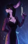  2017 5_fingers anthro black_hair breasts clothed clothing digital_media_(artwork) female fingers hair hi_res holding_gun holding_object holding_weapon lagomorph leporid lynncore mammal rabbit solo standing weapon yellow_eyes 