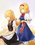  2girls alice_margatroid apron bangs black_skirt black_vest blonde_hair blue_dress blue_eyes bow bowtie braid breasts brushing_another&#039;s_hair capelet commentary dress eyebrows_visible_through_hair feet_out_of_frame frilled_apron frilled_hairband frills from_side hair_between_eyes hair_bow hairband highres holding holding_another&#039;s_hair kirisame_marisa lolita_hairband long_hair maid_apron medium_breasts miniskirt multiple_girls no_hat no_headwear parted_lips petticoat puffy_short_sleeves puffy_sleeves red_bow red_hairband red_neckwear red_sash rin_falcon sash shirt short_hair short_sleeves single_braid sitting skirt skirt_set small_breasts smile touhou vest waist_apron white_apron white_bow white_capelet white_shirt yellow_eyes 