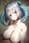  1girl absurdres banicha bare_shoulders blue_eyes blush breasts cleavage closed_mouth commentary_request grey_background head_tilt highres horns large_breasts looking_at_viewer medium_hair original revealing_clothes see-through shiny shiny_hair silver_hair solo thick_eyebrows upper_body 