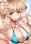  1boy 1girl alternate_costume azur_lane bangs bikini blonde_hair blue_bikini blush braid breast_squeeze breasts choker cleavage cube_(circussion) cum cum_on_body cum_on_breasts cum_on_upper_body double_bun ejaculation eyebrows_visible_through_hair formidable_(azur_lane) formidable_(the_lady_of_the_beach)_(azur_lane) hetero large_breasts long_hair looking_at_viewer paizuri paizuri_under_clothes pov red_eyes sidelocks solo_focus swimsuit very_long_hair 