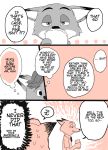  anthro bodily_fluids canid canine clothed clothing comic dialogue disney duo edit english_text fox gideon_grey hard_translated hi_res mammal meno nick_wilde red_fox shirt speech_bubble sweat sweatdrop text thought_bubble topwear translated zootopia 