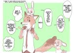  ! ? ambiguous_gender anthro bottomwear canid canine carrying clothed clothing cub dialogue disney edit english_text fox fully_clothed group hard_translated lagomorph leporid mammal meno necktie nick_wilde on_shoulders pants rabbit red_fox shirt speech_bubble text topwear translated young zootopia 