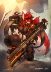  4_arms 5_fingers breasts canid canine clothed clothing eyebrows eyelashes fingers fox fur hair hi_res holding_gun holding_object holding_weapon jesonite kneeling looking_at_viewer mammal multi_arm multi_limb red_body red_fur red_hair smile weapon yellow_eyes 