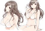  1girl bare_arms bare_shoulders bikini breasts brown_hair cleavage closed_mouth collarbone covered_nipples hand_up heart idolmaster idolmaster_shiny_colors index_finger_raised large_breasts long_hair looking_at_viewer multiple_views navel parted_lips red_eyes side-tie_bikini simple_background sitting stomach strap_gap sunaba_suzume swimsuit tsukioka_kogane white_background white_bikini 