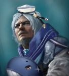  beard blue_hair blue_sailor_collar cross_scar death_stranding dixie_cup_hat double_bun facial_hair hat highres kantai_collection little_blue_whale_(kantai_collection) long_sleeves military_hat mustache namesake parody pun sailor_collar sam_porter_bridges samuel_b._roberts_(kantai_collection) scar school_uniform serafuku shirt short_hair tk8d32 upper_body whale white_shirt 