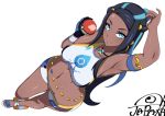  1girl armlet armpits bangs bare_shoulders belly_chain black_hair blue_eyes blue_hair blush breasts closed_mouth commentary_request dark_skin forehead full_body gloves gym_leader hair_bun highres holding jabara_tornado jewelry long_hair looking_at_viewer medium_breasts navel necklace partly_fingerless_gloves poke_ball poke_ball_(generic) pokemon pokemon_(game) pokemon_swsh rurina_(pokemon) sandals shorts simple_background single_glove smile solo sportswear swept_bangs swimsuit tankini thighs white_background 