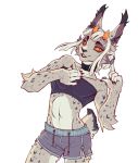  5_fingers anthro clothed clothing felid feline fingers fur girly hair horn hybrid looking_at_viewer lynx male mammal midriff navel orange_eyes smile solo spots spotted_body spotted_fur white_hair xenoguardian 
