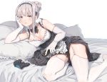  bed bow cropped elbow_gloves fangxiang_cuoluan gloves gray_eyes gray_hair headband maid original stockings 