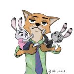  1:1 ambiguous_gender anthro barefoot bottomwear brown_body brown_fur canid canine carrying clothed clothing disney ear_markings facial_markings fox fully_clothed fur green_eyes grey_body grey_fur group head_markings hi_res jack_savage judy_hopps lagomorph leporid mammal markings necktie nick_wilde pants poki_o_o_o purple_eyes rabbit red_fox shirt simple_background t-shirt topwear white_background zootopia 
