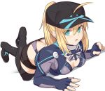  1girl ahoge artoria_pendragon_(all) baseball_cap black_legwear blonde_hair blue_eyes boots breasts butt_crack cleavage commentary_request fate/grand_order fate_(series) hair_between_eyes hair_through_headwear hat jacket long_hair looking_at_viewer medium_breasts mysterious_heroine_x ponytail shiseki_hirame shorts solo thigh_boots thighhighs 