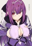  1girl bangs blush breast_squeeze breasts cleavage cleavage_cutout commentary_request dress fate/grand_order fate_(series) fur-trimmed_dress fur_trim hair_between_eyes headpiece large_breasts long_hair long_sleeves looking_at_viewer purple_dress purple_hair red_eyes scathach_(fate)_(all) scathach_skadi_(fate/grand_order) shiseki_hirame simple_background solo tiara white_background 
